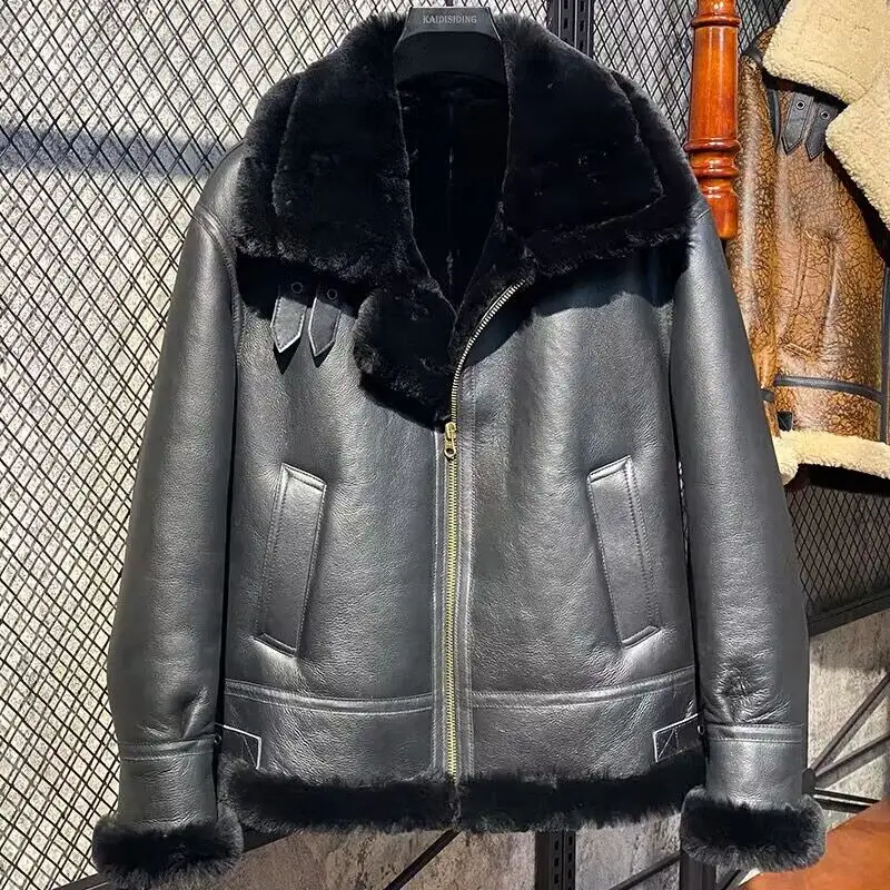 

Men Genuine Leather Coat Natural Real Sheepskin Shearling Pilot Jacket Thick Wool Liner Black Size 48 50 52 54 56 58 60 62 64 66