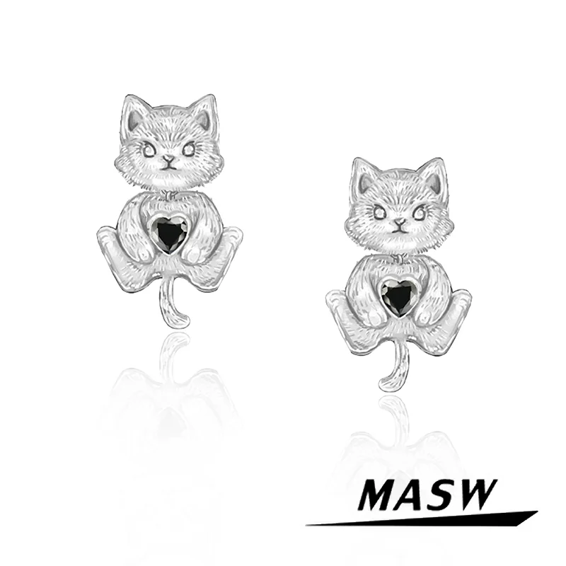 

MASW Original Design Cool Style Glass Heart Metal Cute Cat Stud Earrings For Women Girl Gift Trend Jewelry Hot Sale 2024 New