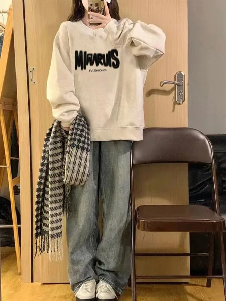 American Letter Print Plush Sweatshirt Women Autumn Winter 2025 New Oversize O-Neck Pullover Hoodie Y2K Tops Ladies clothing