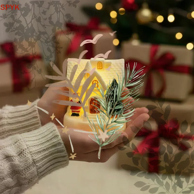 Christmas Village Santa Swing Decoration LED Lighted Figurine Xmas Tree Snow House Tabletop Ornament Gift Decor