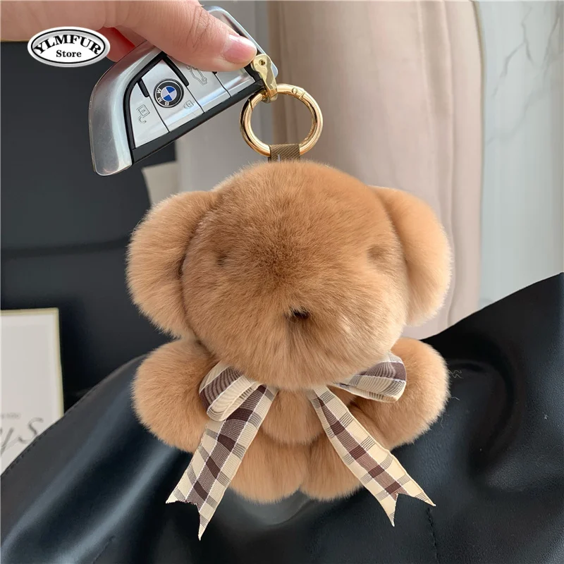 1Pcs Real Rex Fur Bears Stuffed Plush Toy Mini Bear Doll Toy Keychain Bag Pendant Car Decoration Children Birthday Party Gifts