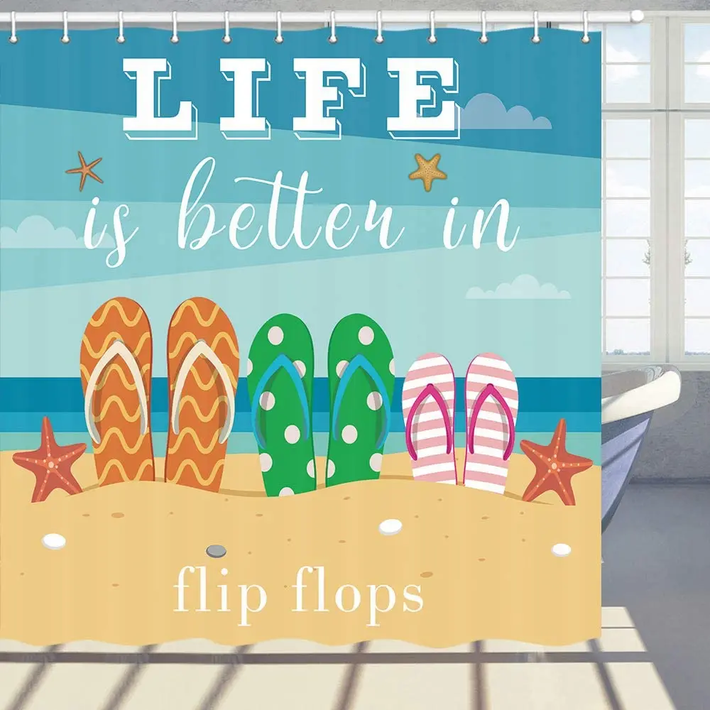 Summer Fabric Shower Curtain Life is Better in Flip Flops Shower Curtain with Hooks Sea Starfish Beach Bathroom Curtains