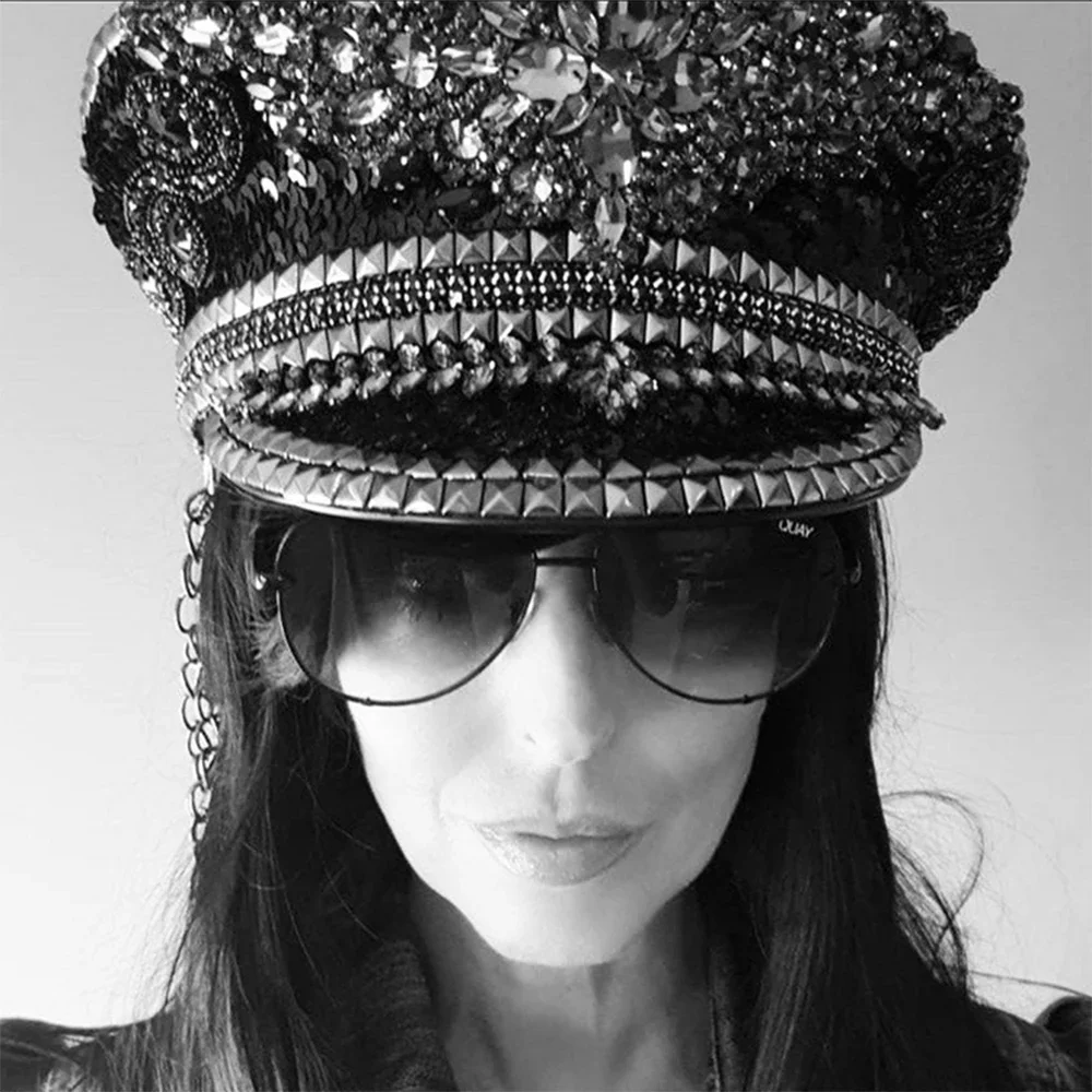 Fashion Women Bride Military Hat Black Sequin Burning Bridal Captain Sergeant Hat Luxury Rhinestone Festival Birthday Part Hat