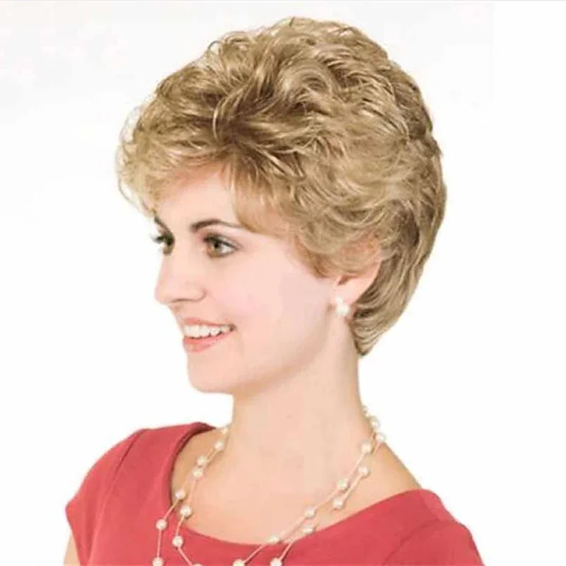 วิกผมหยิกปุยบ๊อบวิกผมสั้นผมสีทองอ่อนสําหรับผู้หญิง