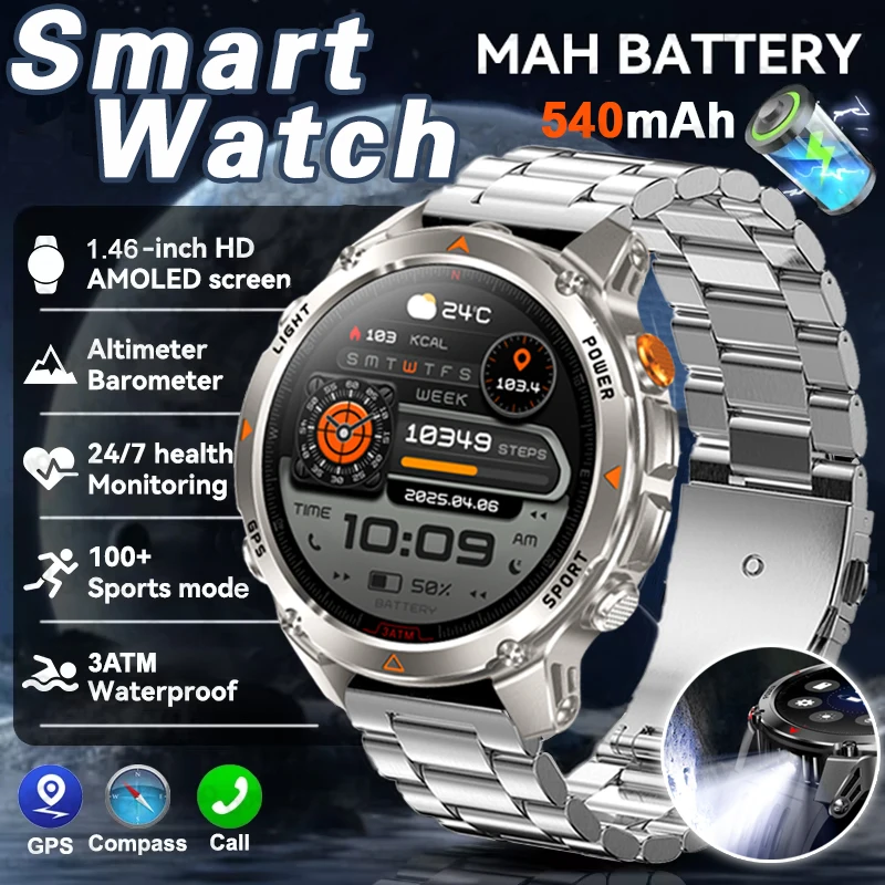 

New GPS Military Outdoor Sport Swim Smart Watch Men 1.46" AMOLED 3ATM Waterproof Flashlight Compass Call Heart Rate Smartwatch