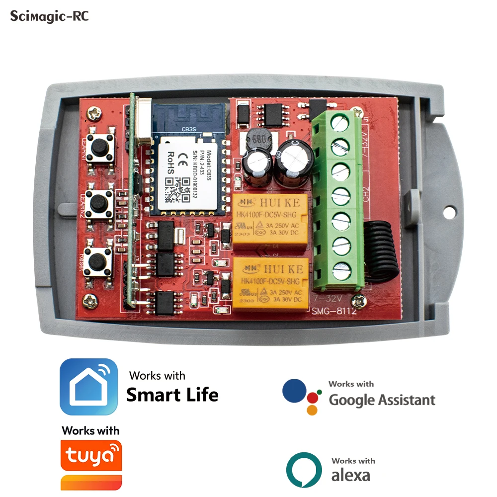 Smart Garage Door Receiver Universal 433mhz Remote Control 2CH 12V 24V 220V Relay RF Module Work With Tuya