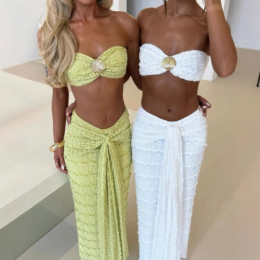 TWOTWINSTYLE Set due pezzi solido per donna senza spalline senza maniche corto top a vita alta gonna con lacci impiombata set femminile