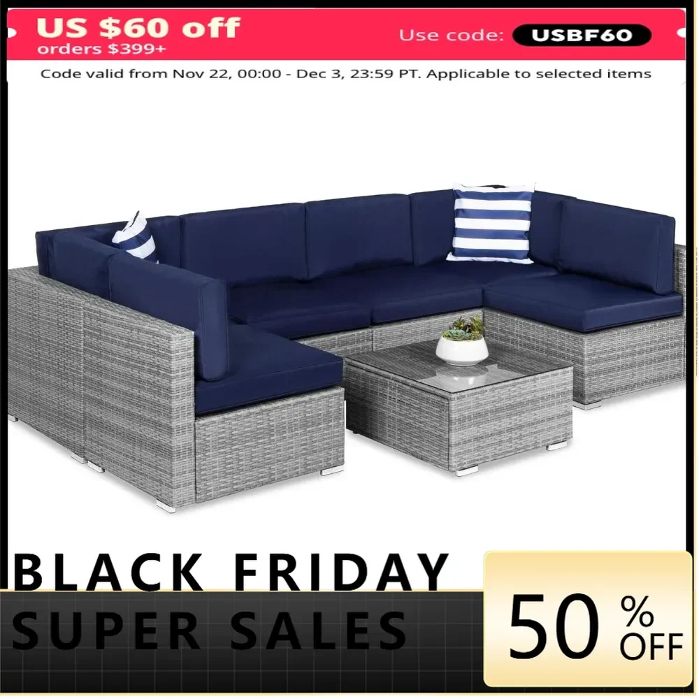 7-Piece Modular Outdoor Sectional Wicker Patio Conversation Set w/ 2 Pillows, Coffee Table, Cover Included - Gray/Navy