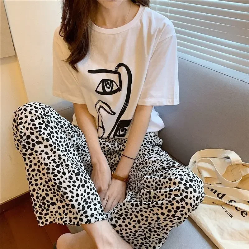 Leopard Pajamas Pants for Women Sleep Sleepwear Korean Style Summer Ankle Length Bottoms Home Elastic Waist Room Sleeping Wear