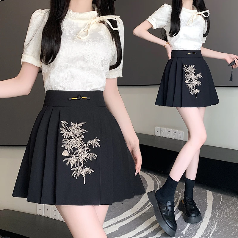 2024 Spring and Summer New Chinese Style Women Improved Short Skirt for Women with Black Flower Embroidery Pleated Short Skirts