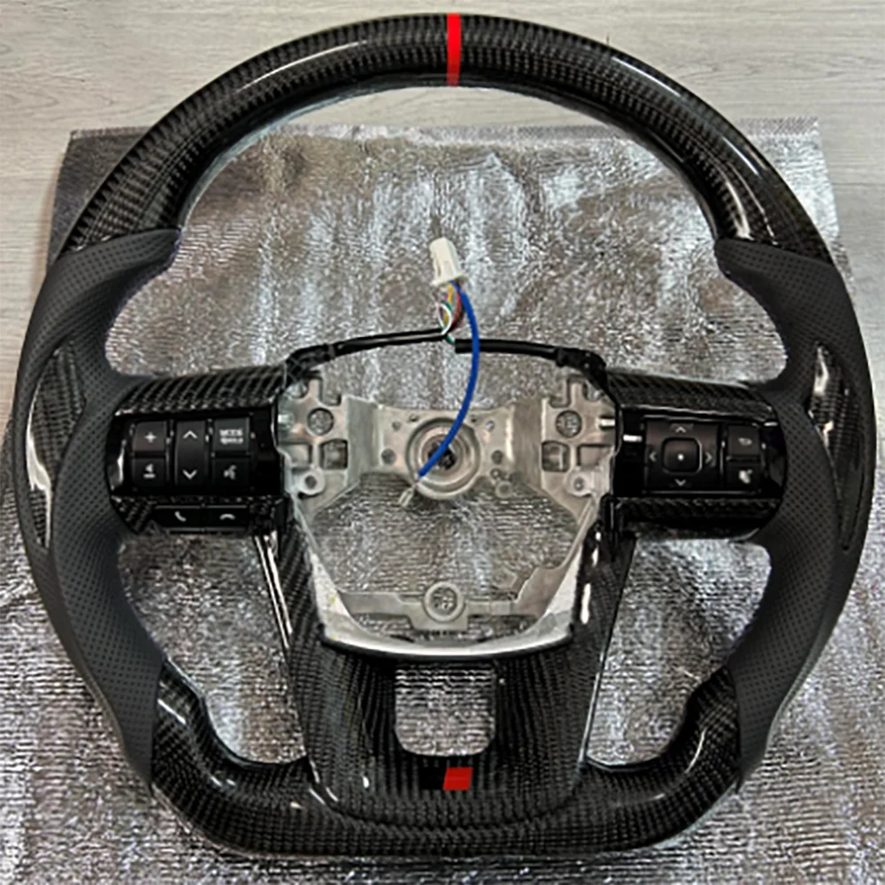 For Toyota Hilux Fortuner Carbon Fiber Semi-Perforated Black/Red Stitching MulfunctionalSteering Wheel With Key Buttons Assembly