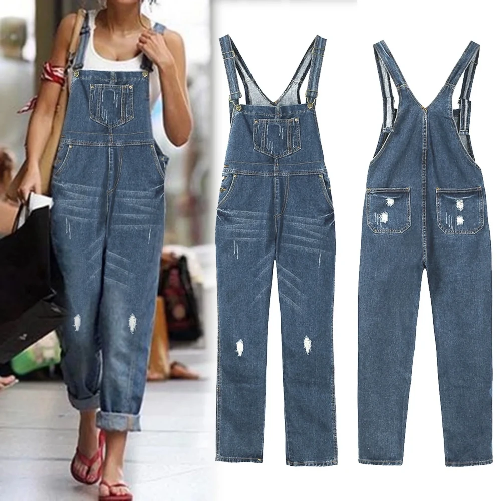 

Womens Overalls Casual Streetwear Pocket Loose Ripped Jeans Overalls Jumpsuit Baggy Denim Rompers Trousers Women's Suspenders