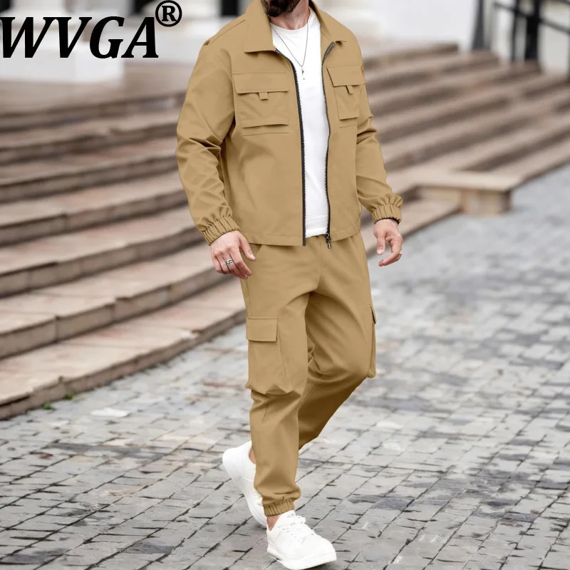 WVGA Spring Autumn New Men Tide Multi-Pocket Turn-Down Collar Jackets Niche Chic Casual Straight Pants Two Pieces Set Ins W15578