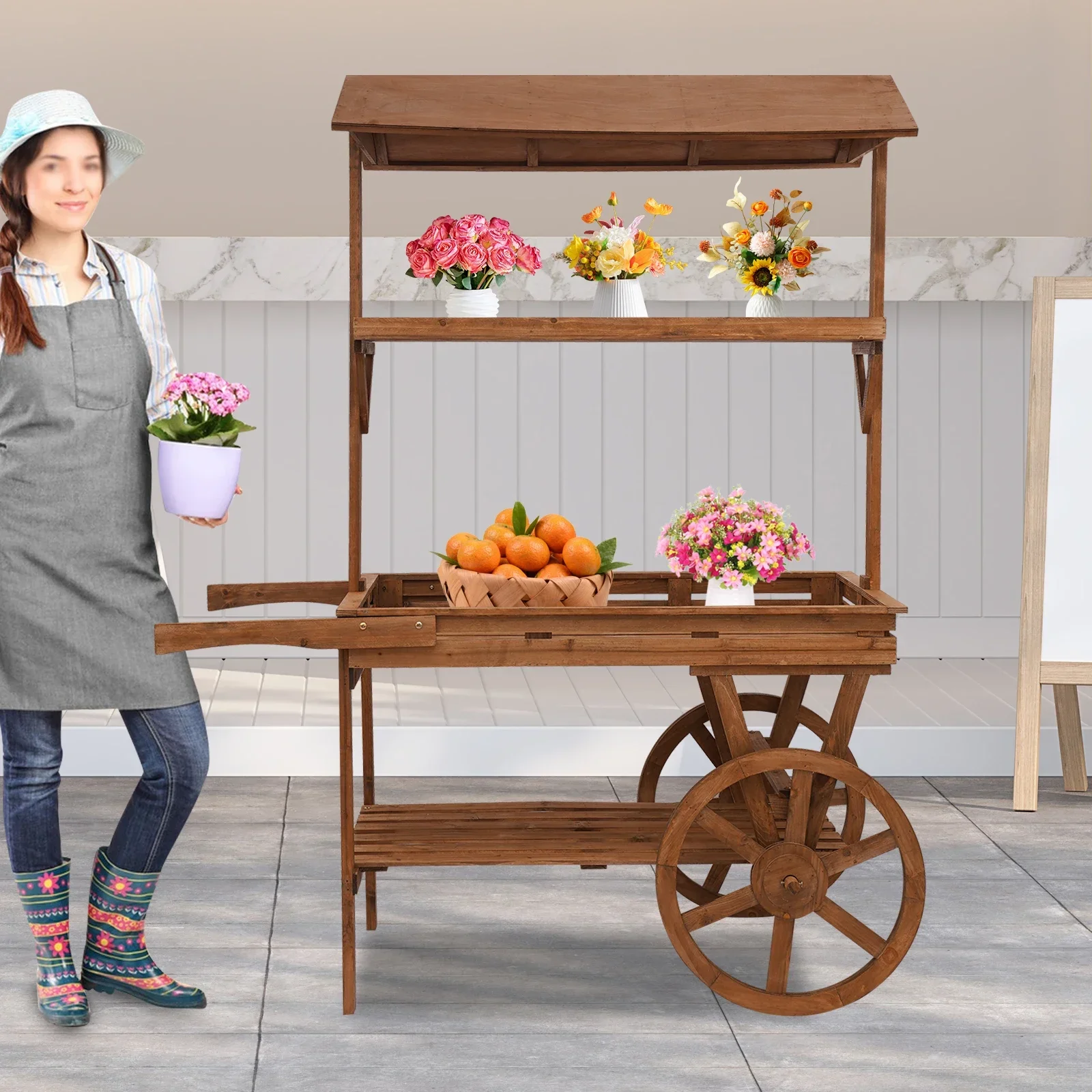 BYMAOCAR 3-Tier Brown Wooden Rolling Display Cart With 2 Universal Wheels Multifunctional Mobile Storage Trolley Flower Display Stand Food Serving Table Tea Stall Retail Merchandise Display Rack For Home Shop Event Decor
