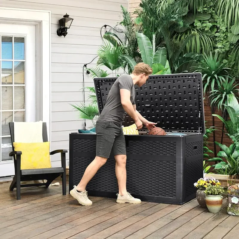 230Gallon Large Deck Box Double-Wall Resin Rattan Outdoor Storage Box with Flexible Divider for Cushions Pool Float Garden Tools