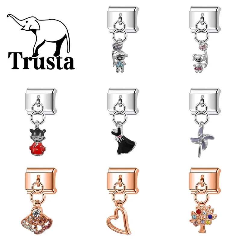 Trusta 2024 Fashion Girl Skirt Skateboard Charm Italian Links 9mm Stainless Steel Bracelet for Women DIY Jewelry Wholesale N194