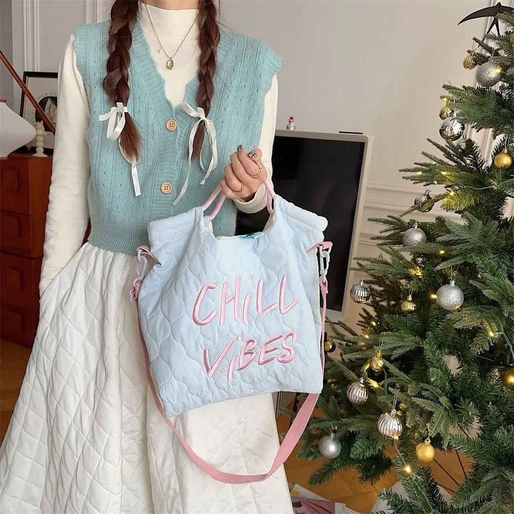 

Large Capacity Drawstring Puffer Tote Bag Lightweight Embroidery Nylon Padded Tote Bag Korean Style All-match