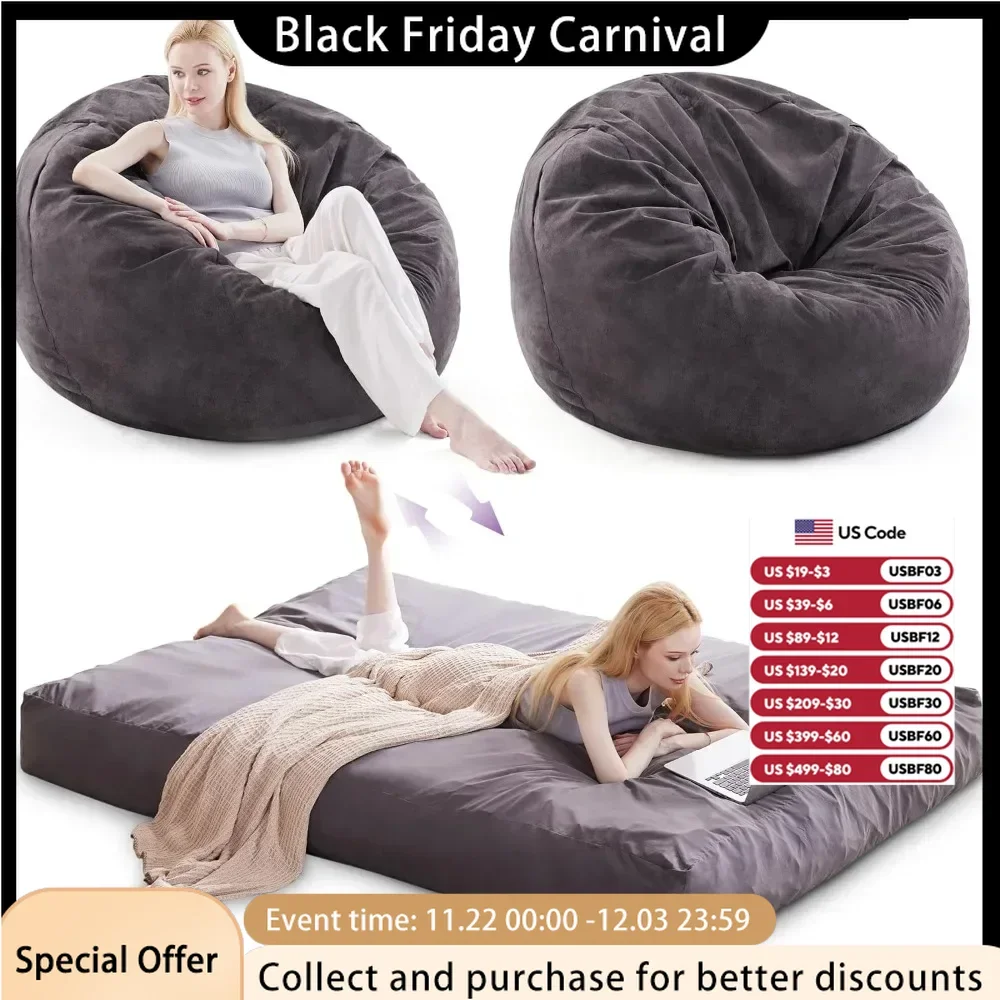 Large Bean Bag Chairs for Adults, Convertible Bean Bag Bed, Huge Bean Bag Couch Sofa Floor Bed Mattress, Foam Filler，Black Queen