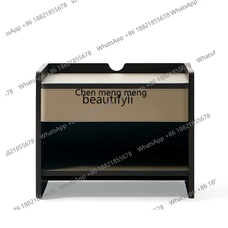 D178 Minimalist Solid Wood Bedside Table Luxury Saddle Leather Bedside Cabinet High-end Smoky Color