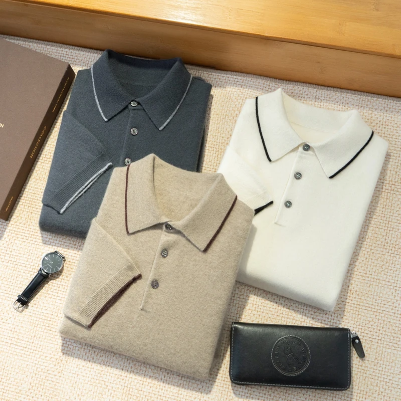 

100% Cashmere T-shirt Men's POLO Collar Short Sleeve Pullover 2025 Spring/Autumn New Fashion Knit Business Casual Sweater Tee