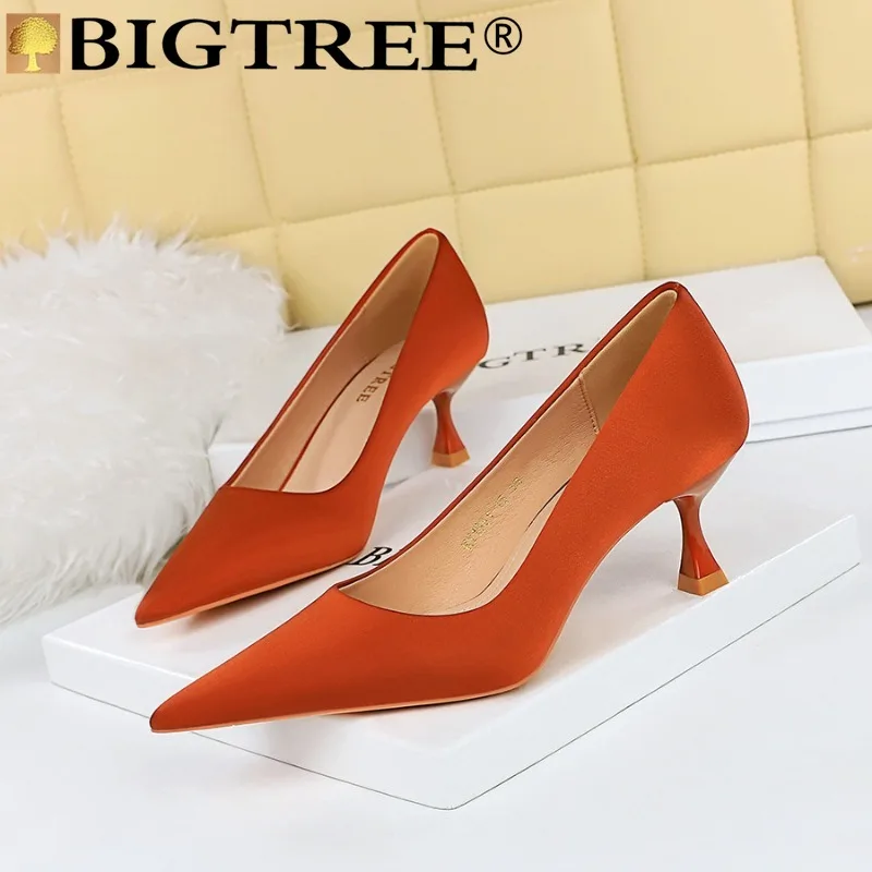 

BIGTREE New Luxury Stiletto Heels Pumps Women Neutral Pointed Toe Silk 5.5CM Thin Heels Mature Office Work Women Shoes Black