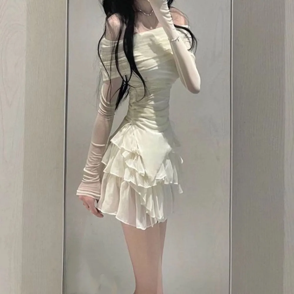 Off Shoulder Sweet Girls Wear Suit Ruffle Sunscreen T-shirt Cake Skirt Set Slim Fit Long Sleeve Sweet Summer Clothes Party