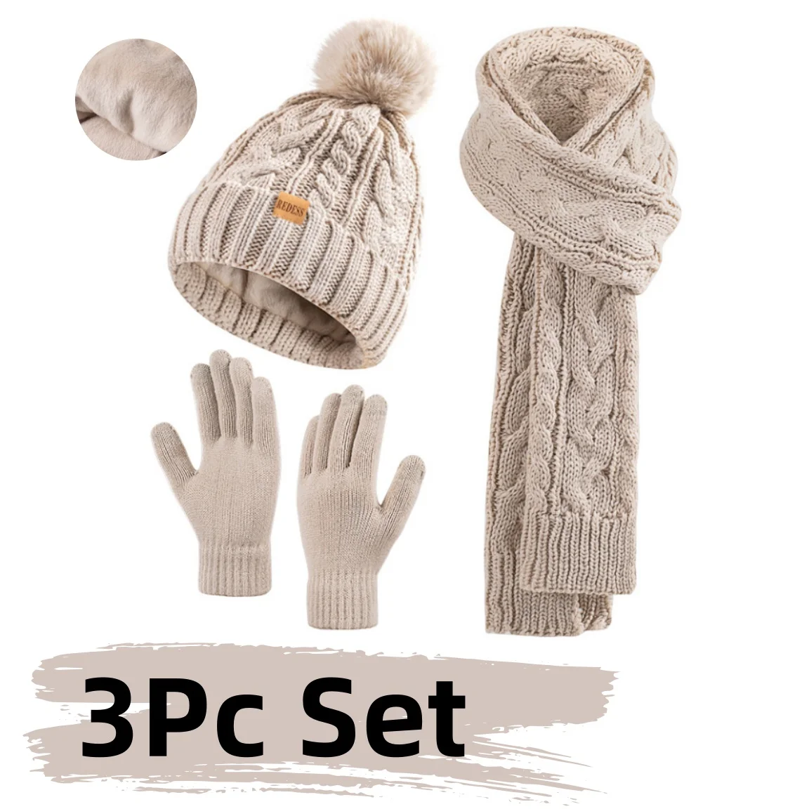 طقم نسائي مكون من ثلاث قطع بما في ذلك قبعة شتوية وقفازات ووشاح وقبعة بوم بوم محبوكة وقفازات مرنة ودافئة وندبات سميكة وطويلة #1