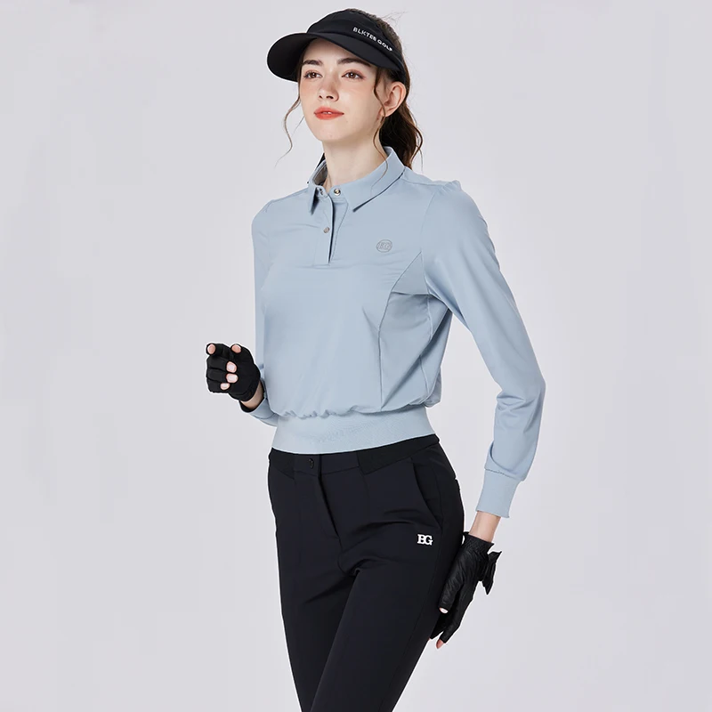 Blktee Golf Wear Women Slim Waist Long Sleeve Short T-Shirt Turn Down Collar Casual Tops Ladies Pullover Autumn Golf Apparel