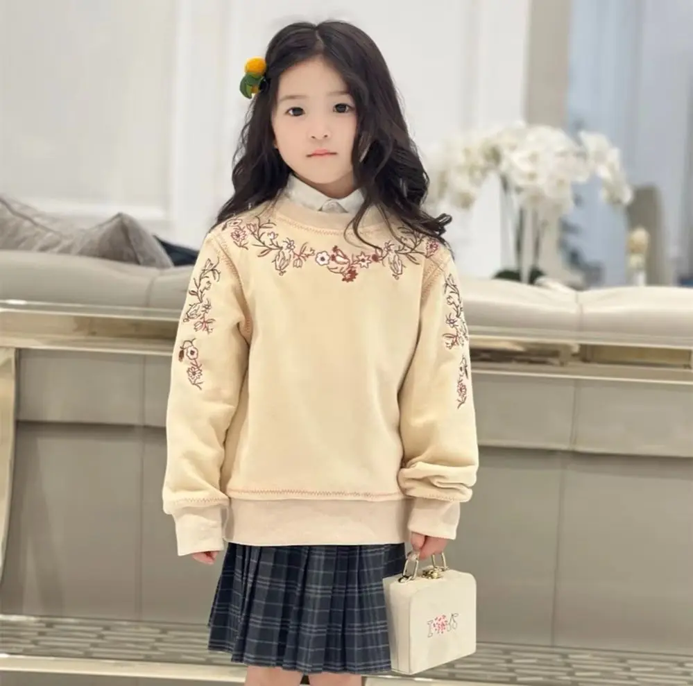 kids girls clothes baby tops Handmade vintage flower embroidery Sweatshirt Plucked loose comfortable clothes