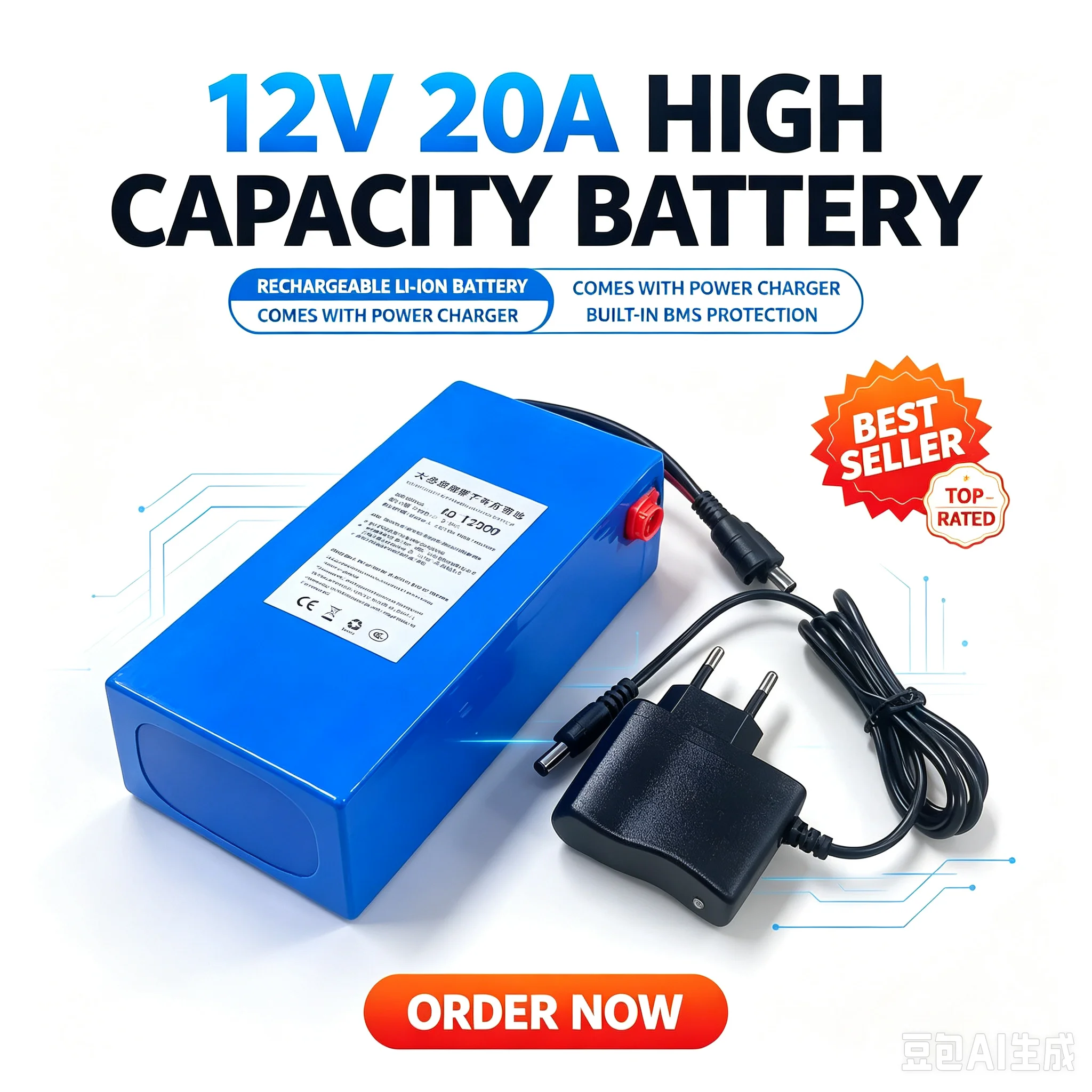 Batteria Ricaricabile agli Ioni di Litio 12V 20000mAh ad Alta Capacità Reale, Batteria Li-ion DC 12V con Caricabatterie, Protezione di Sicurezza BMS per Campeggio all'Aperto, CCTV, Lampada LED
