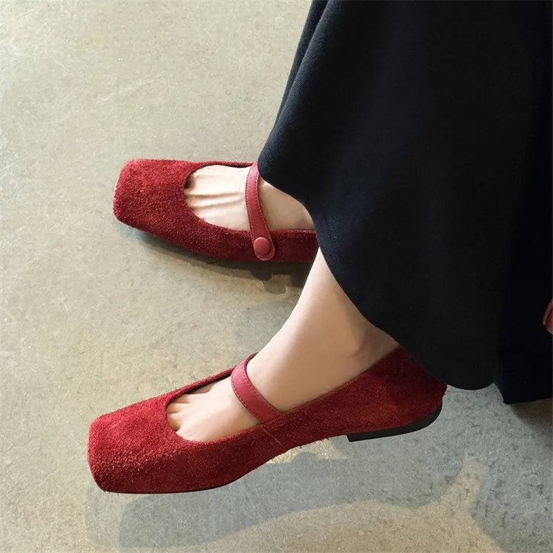 

New Spring/Autumn Brushed Cowhide Women Shoe Square Toe Shoes for Women Fashion Retro Flat Shoes Mary Janes Shoes Low Heels