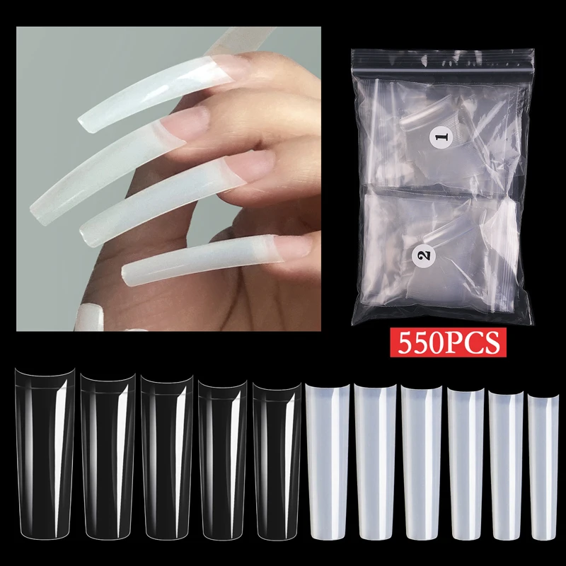 550 Pcs/Bag Long Curved Half-covered French False Nail Art Tips UV Gel Nails Extension  Clear Nature Coffin Press On Nails Tip