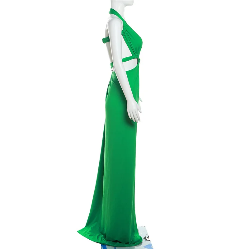 Fashionable Green Ribbon Floor Mopping Party Dress Sexy Hanging Neck Hollow Prom Gown Backless Split Vacation Evening Robes