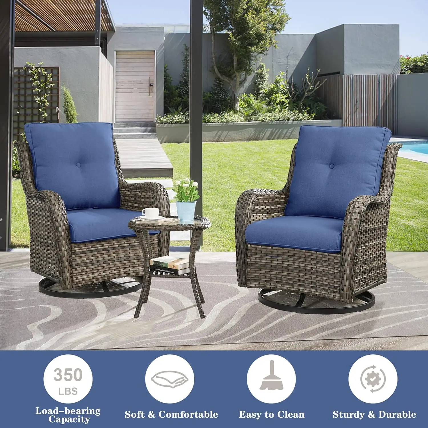 5 Pieces Patio Furniture Sets Wicker Outdoor Furniture Rattan Patio Swivel Glider Chairs with 2 Ottoman and Glass Side Table