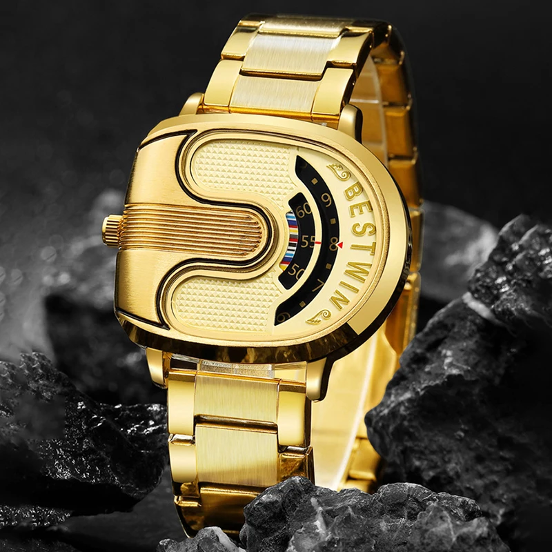 

New Gold U-Shape Watch Men Fashion Creative Style Dial Waterproof Quartz Mens Watches 2023 Luxury Stainless Steel Clock For Man