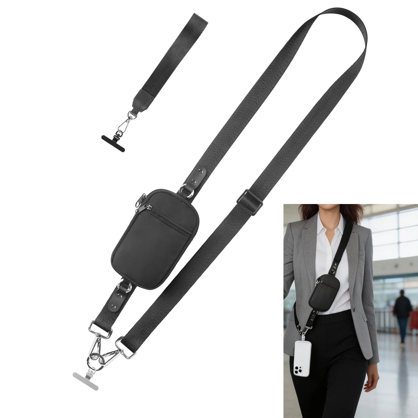 

Portable Phone Lanyard, Equipped With A Zipper Pocket And Storage Bag, Adjustable Nylon Strap, Can Replace Handbag And Wallet