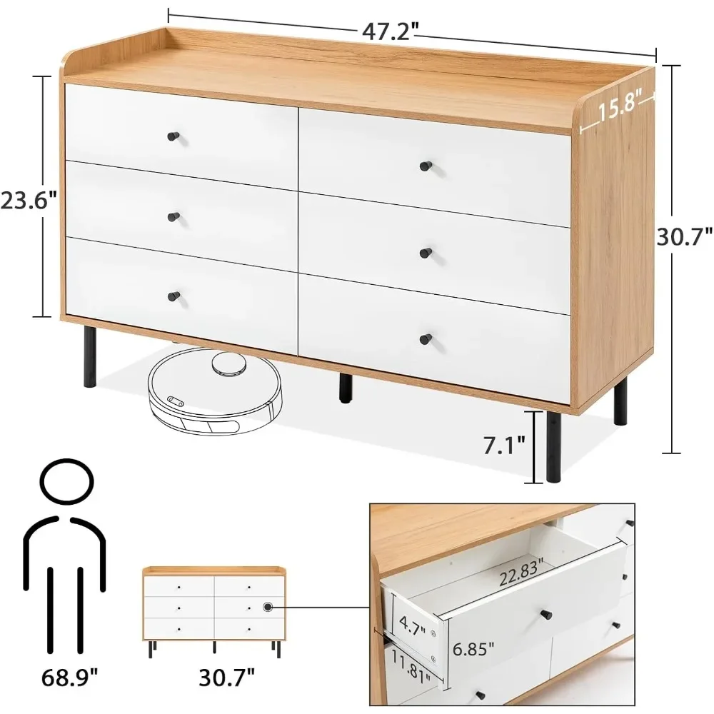 Comò per camera da letto con 6 cassetti e manico in metallo, struttura robusta mobili moderni per camera da letto, cassettiera, comò bianchi