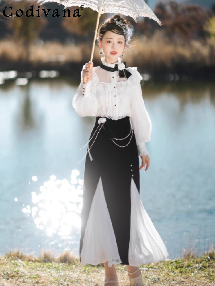 

Sweet Lolita Sweet Ruffles Long Sleeve White Stand-up Collar Short Shirt High Waist Black Versatile Age-reducing Fishtail Skirts