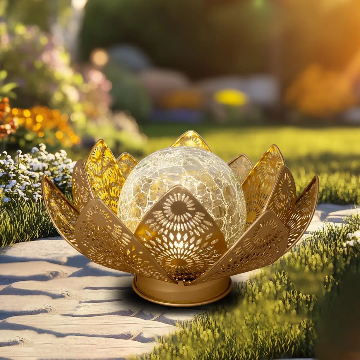 

Солнечные фонари для улицы, водонепроницаемый цветок лотоса, металлический садовый декор, стеклянная лампа с кракле-глобусом для двора, лужайки, патио, дорожки, пруда