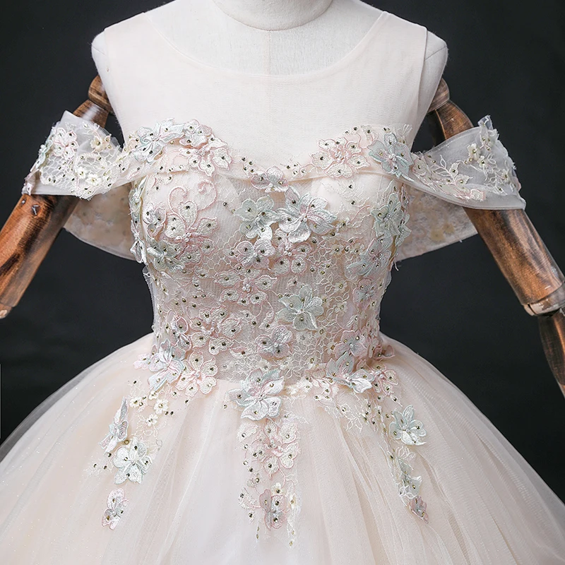 Anxin sh princesa champanhe flor renda barco pescoço beading cristal brilhante babados festa vestido de baile vestido de noite personalizado