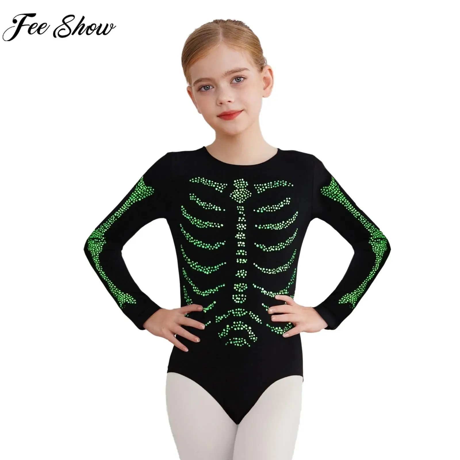 Skelett-Kostüm für Jungen und Mädchen, langärmelig, glänzender Strass-Body, Ballett, Tanz, Gymnastik, Trikot für Halloween, Cosplay, Party