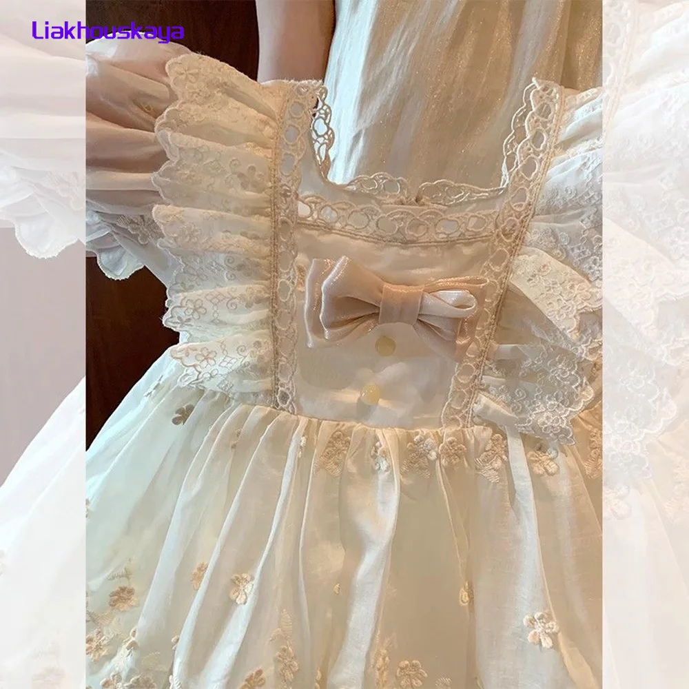 Summer French Kids Lolita Dress,Toddler Girls Sweet Lace Bow Puffy Skirt,2-7Y Baby First Pageant Formal Princess Party Outfit