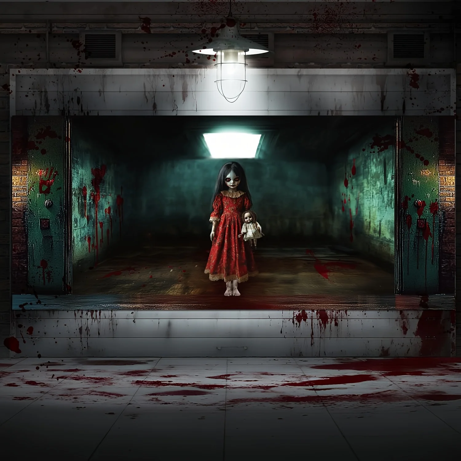 لافتة باب جراج كبيرة للهالوين - تصميم لفتاة دمية إيري معلق لخلفية رذاذ الدم، بوليستر متين #1