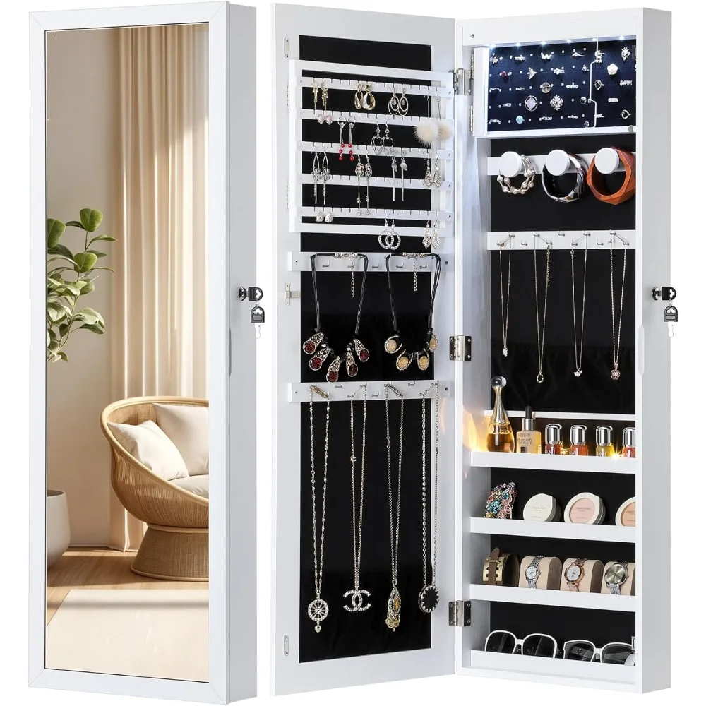 

LED Mirror Jewelry Cabinet, Lockable Hanging Jewelry Cabinet with Mirror, Door/Wall Mounted Jewelry Organizer