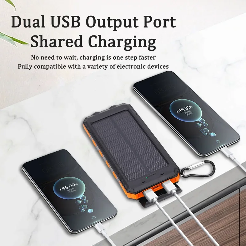 New Waterproof Solar Power Bank Portable Large Capacity 200000mah Fast Charging External Battery Power Super Bright Flashlight