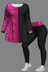 Plus Size Leopard Print Splicing Set di due pezzi girocollo manica lunga Top e Slim Pant outfit Set coordinato da donna 2024