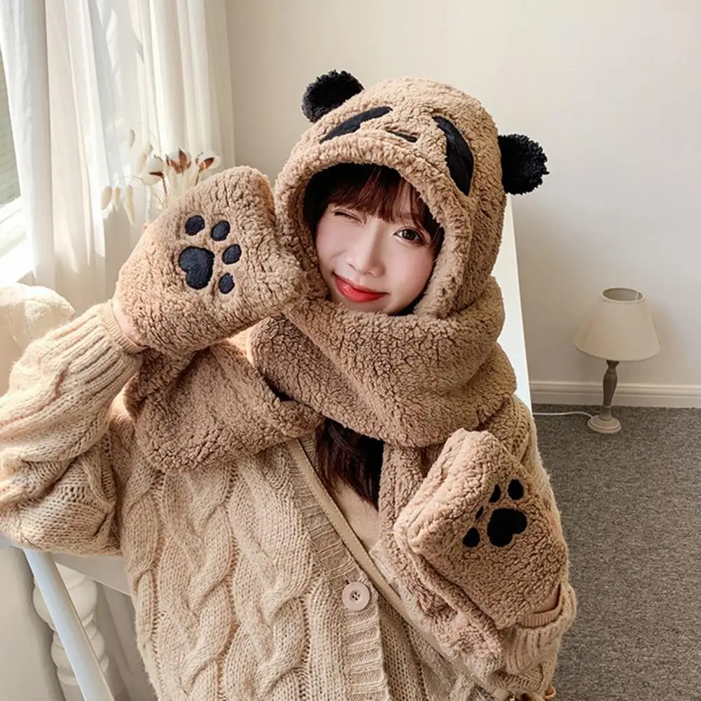 Plush Hat Cute Panda Shape Bear Claw Decor 3 in 1 Keep Warm Thickened Windproof Winter Women Scarf Gloves Cap for Outdoor