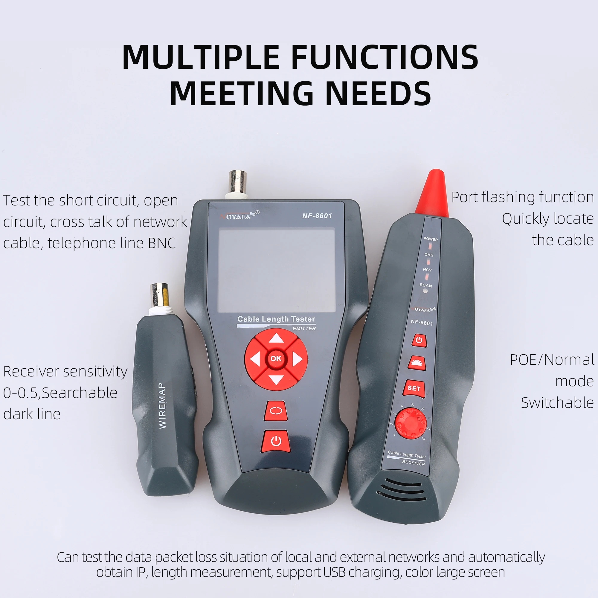 Imagem -03 - Multi-funcional Rede Comprimento Tester Lcd Cabo Tester Breakpoint para Rj45 Rj11 Bnc Ping Poe Nf8601