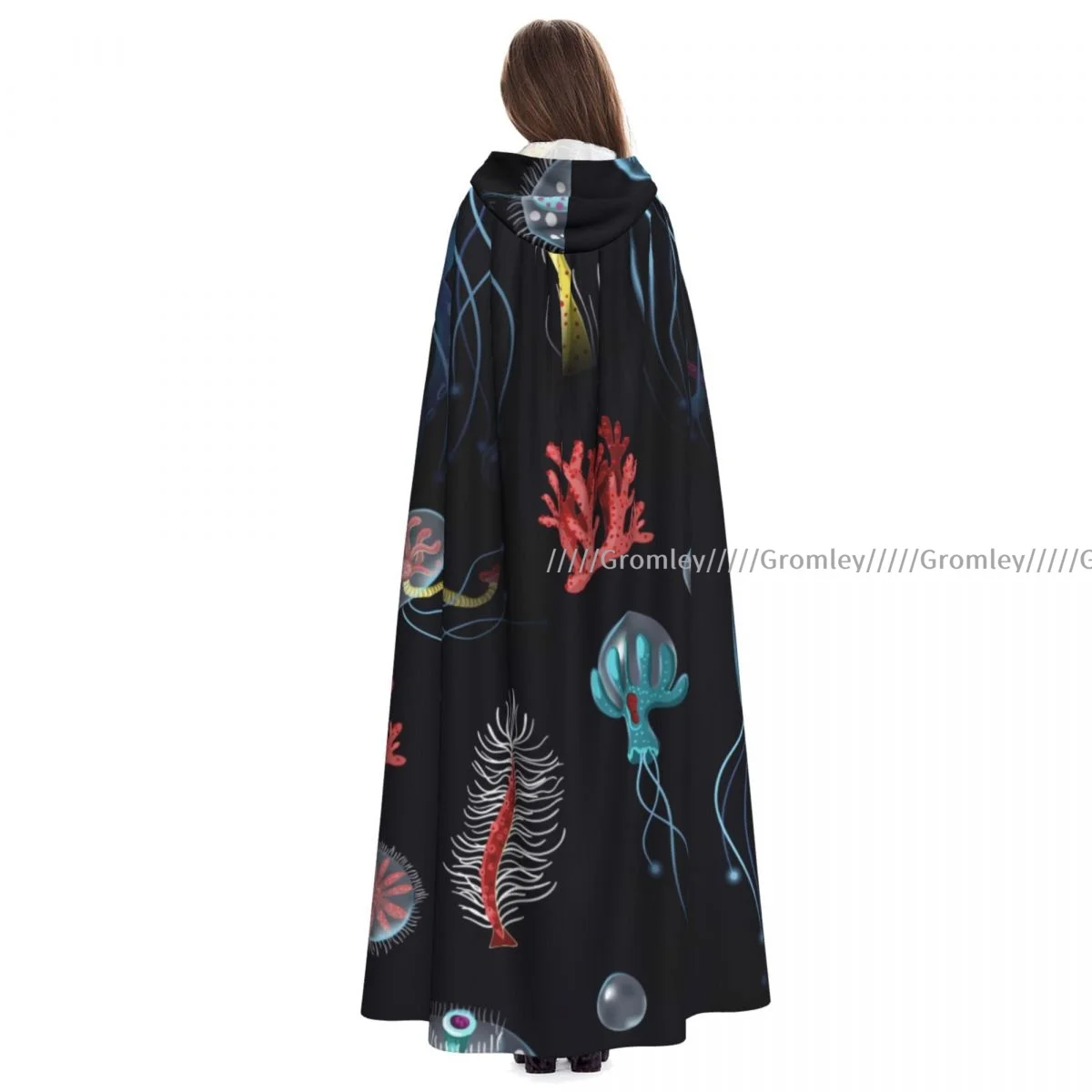 Medieval Halloween Cosplay Cloak Hooded Coat Jellyfish Corals Seaweed Cape Coat Long Trench Costume Wizard Cloak