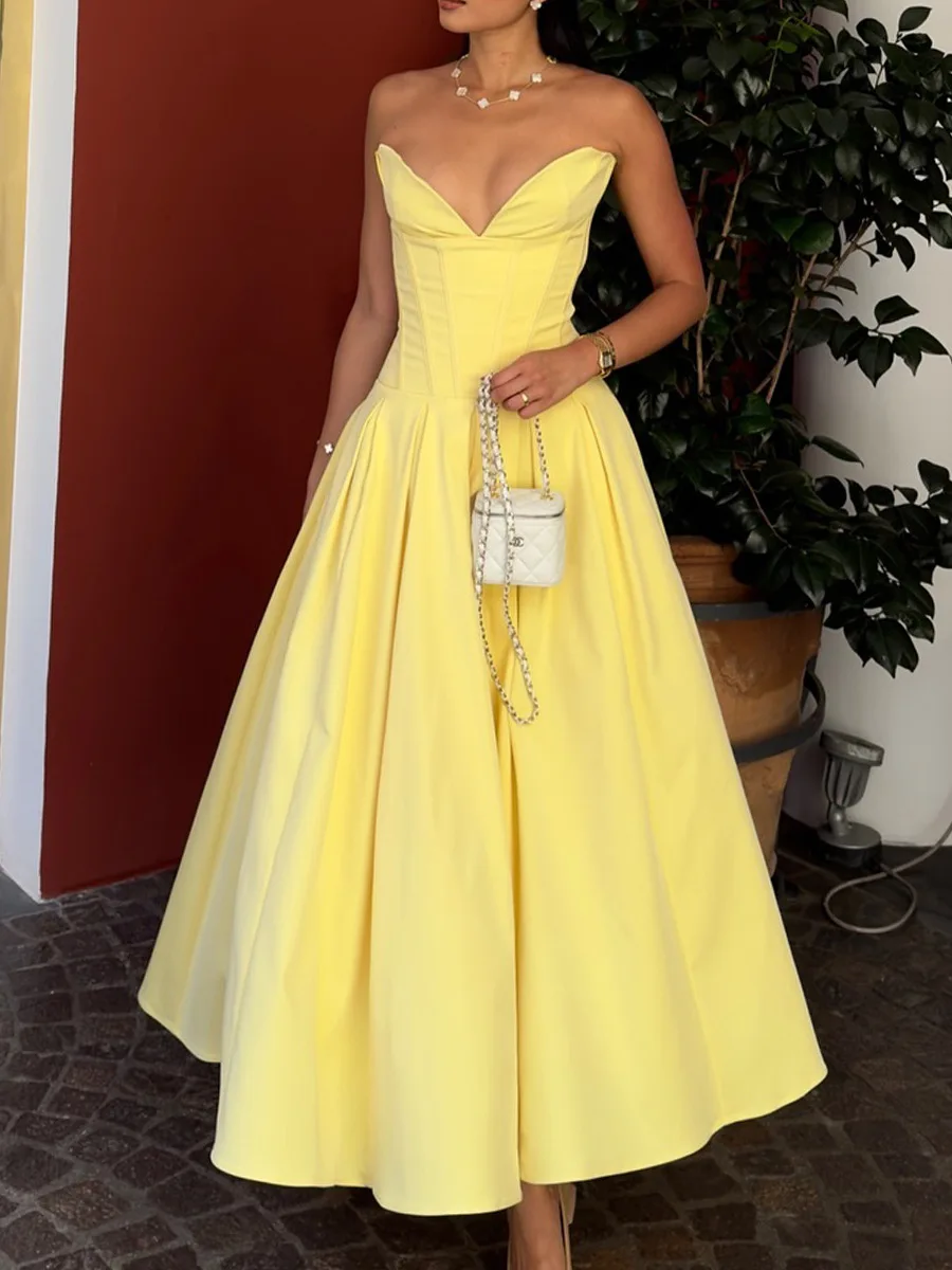 DGTQYQ ブラック エレガント ウェディング イベント ドレス セクシー ストラップレス コルセット ドレス ミディ クリスマス パーティー ドレス レディース服 2025 新作